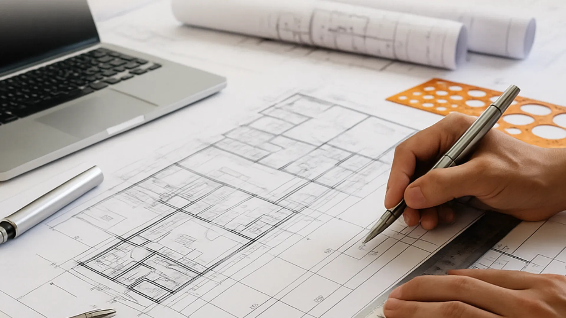 Une main dessine sur des plans avec un stylo, un ordinateur portable et des plans enroulés sur un bureau.