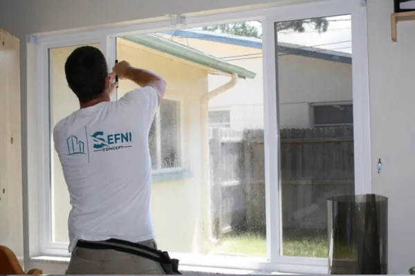 Une personne installe une fenêtre à l'intérieur d'une pièce.