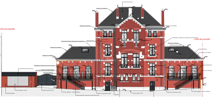 Élévation architecturale d'un bâtiment en briques rouges avec toit, fenêtres et cheminée gris foncé.